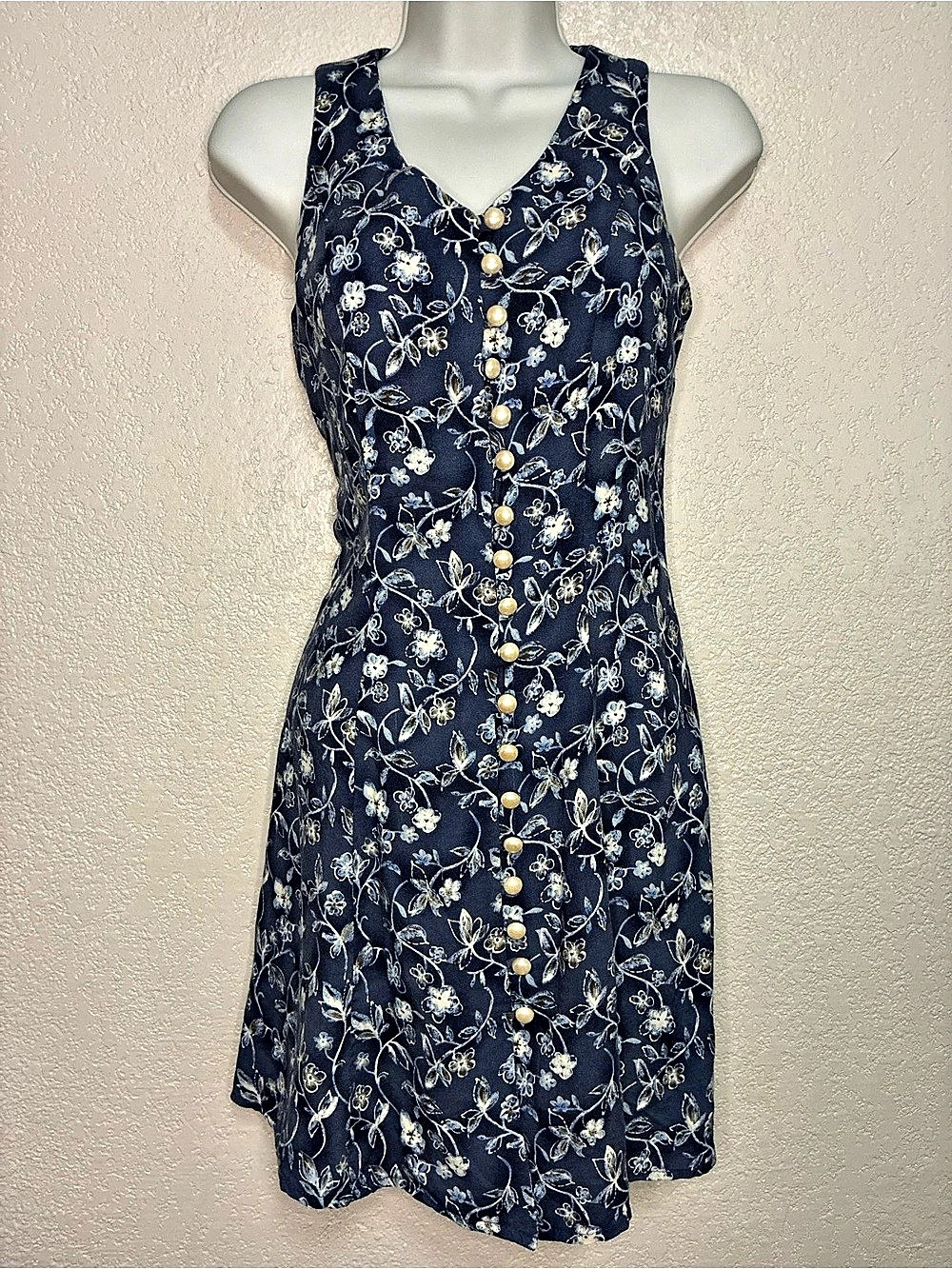 Vintage 1900s Sleeveless Floral Mini Dress Size Small in Blue & White